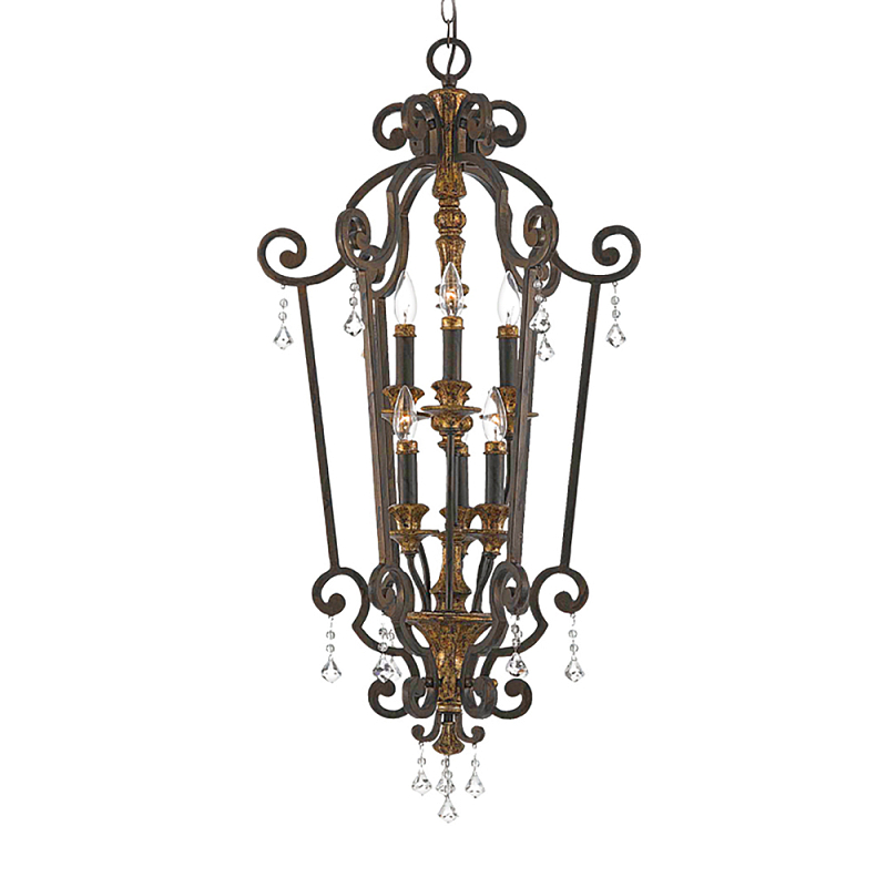 Люстра бронзового цвета с 6-ю лампами и стеклянными подвесками в классическом стиле Quoizel Бронза Прозрачное Стекло Золотой в Санкт-петербурге | Loft Concept 