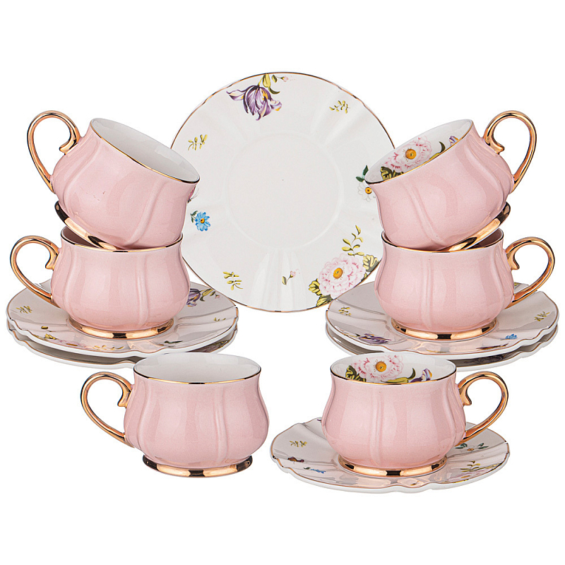 Чайный набор из фарфора на 6 персон 12 предметов Tea Porcelain Set Белый Золотой Розовый в Санкт-петербурге | Loft Concept 