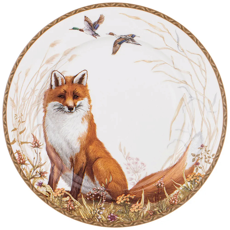 Тарелка закусочная из фарфора с изображением лисы Hunting Porcelain Collection Белый Коричневый Мульти в Санкт-петербурге | Loft Concept 