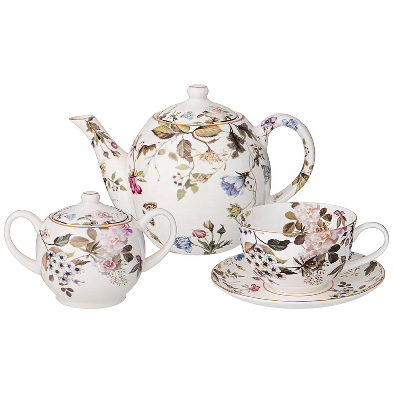 Чайный сервиз из фарфора белый с рисунком цветов на 6 персон 14 предметов Garden Whisper Porcelain Set  Белый Мульти в Санкт-петербурге | Loft Concept 