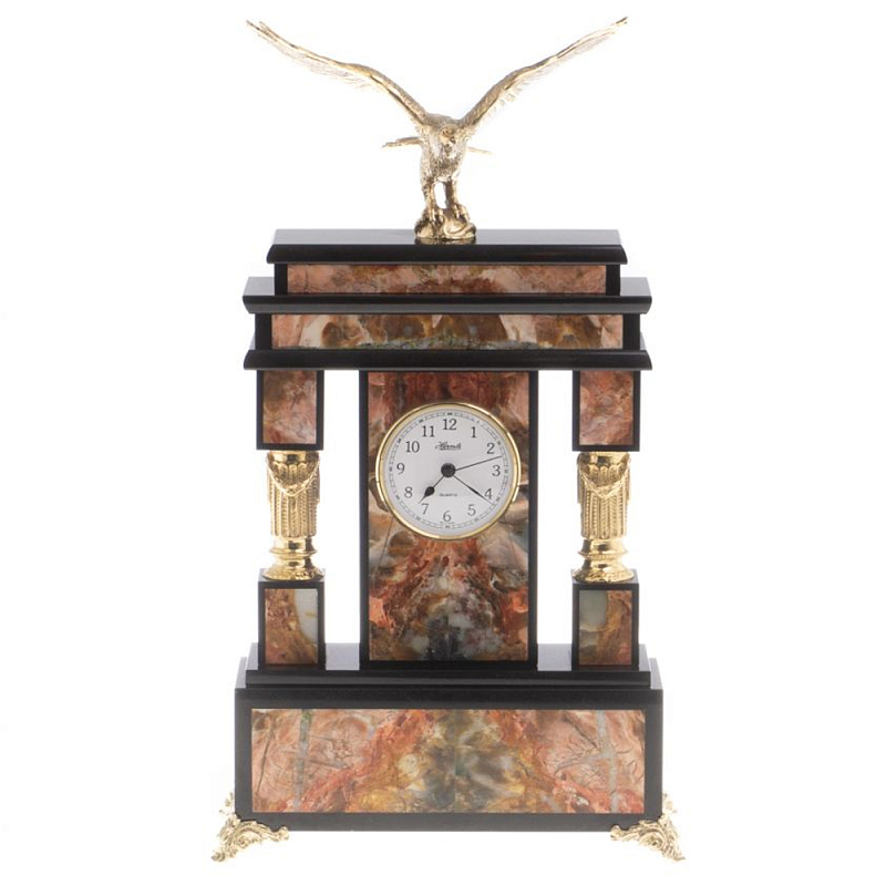 Часы настольные из яшмы и бронзы с декором в виде горного орла Eagle Stone Clock Коричневый Бронза Черный в Санкт-петербурге | Loft Concept 