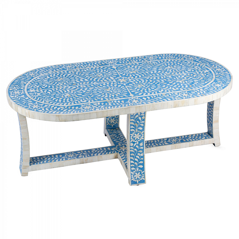 Стол голубой отделка кость Butler Sabina Blue Bone Inlay Oval Coffee Table Голубой ivory ( слоновая кость ) в Санкт-петербурге | Loft Concept 