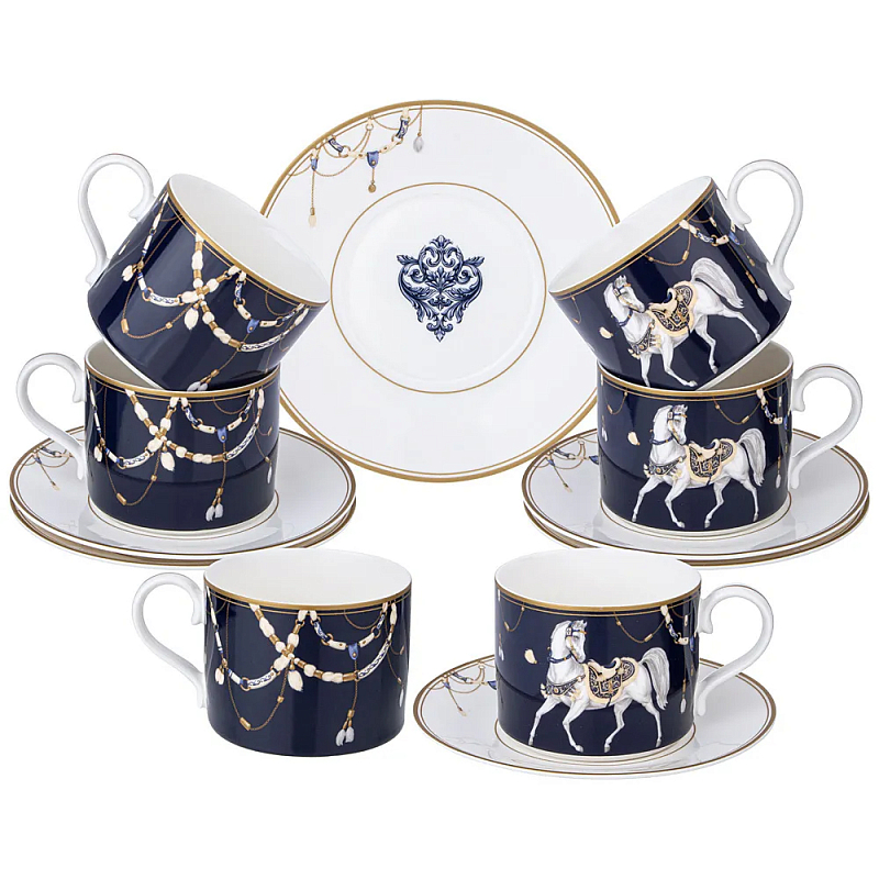 Чайный набор из фарфора с изображением лошадей на 6 персон 12 предметов Porcelain Horse Set Белый Синий в Санкт-петербурге | Loft Concept 