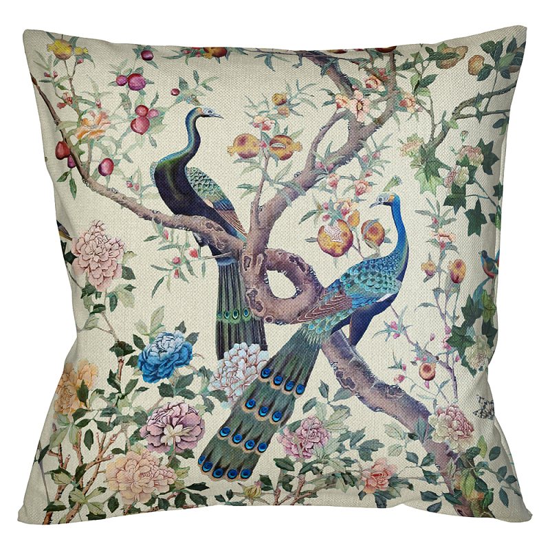 Подушка декоративная с изображением павлинов в саду Beige Chinoiserie Garden Two Peacocks Cushion Бежевый Мульти в Санкт-петербурге | Loft Concept 