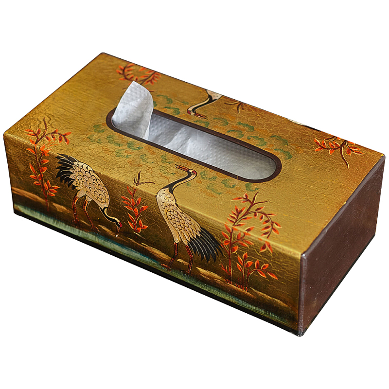 Салфетница в стиле Шинуазри Chinoiserie Golden Cranes Tissue Box Золотой Коричневый Мульти в Санкт-петербурге | Loft Concept 