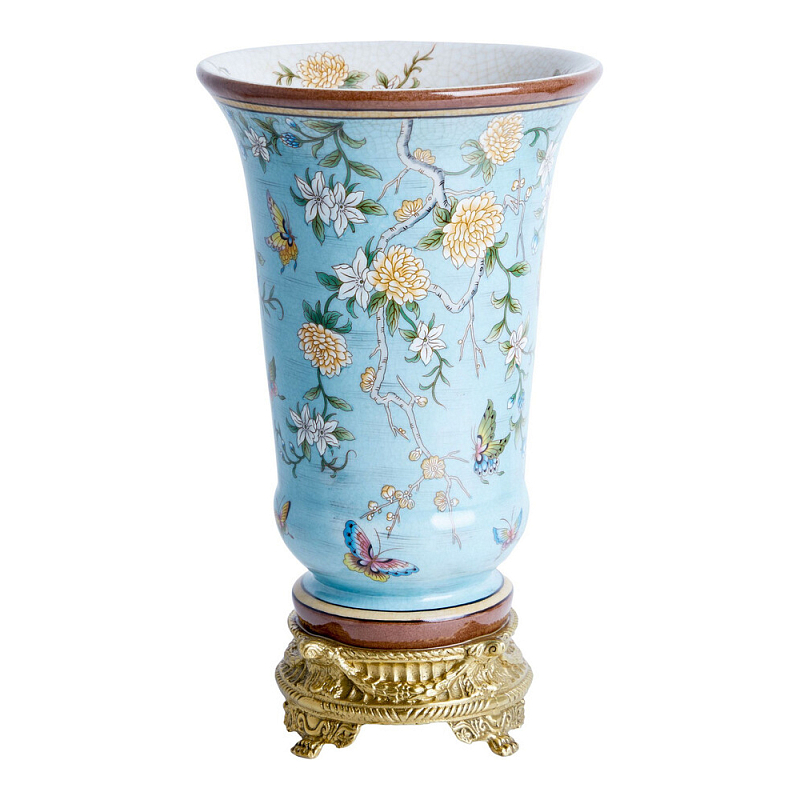 Ваза из голубого фарфора с бронзовыми элементами Blue Garden Бронза Мульти Голубой в Санкт-петербурге | Loft Concept 