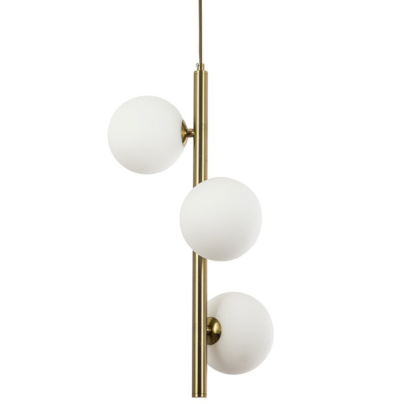 Подвесной светильник с 3-мя сферическими плафонами из матового стекла Pearls Suspension Brass Tube Hanging Lamp Белое матовое стекло Латунь в Санкт-петербурге | Loft Concept 