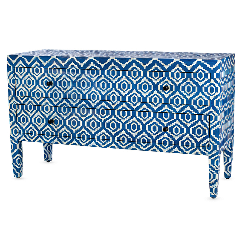 Комод синий отделка кость Bone Inlay Long 2 Drawer Chest - Ikat Синий ivory ( слоновая кость ) в Санкт-петербурге | Loft Concept 