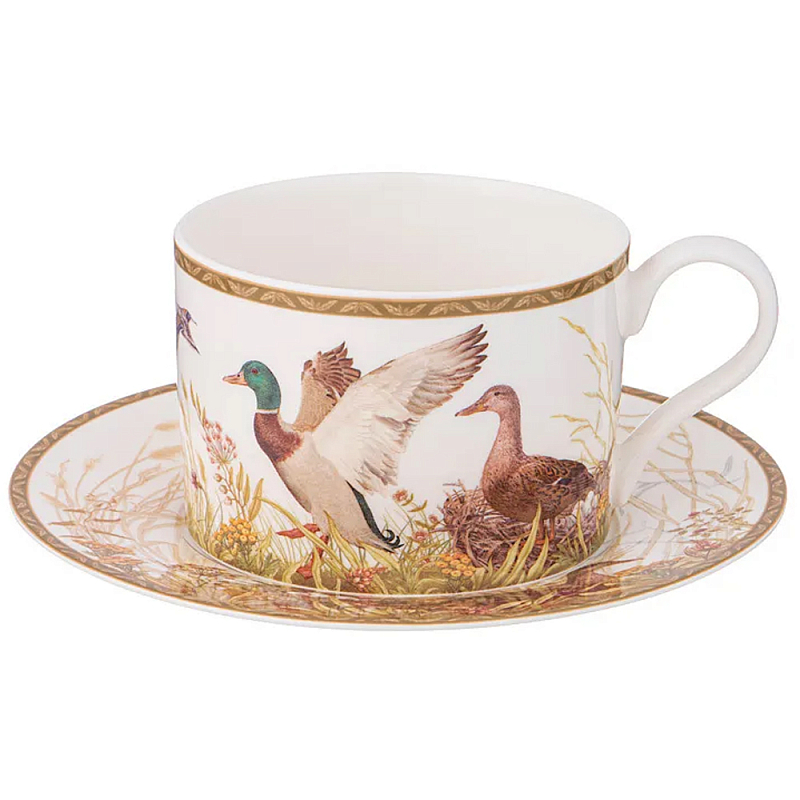 Чайная пара из фарфора с изображением собаки и уток 300 мл Hunting Porcelain Collection Белый Коричневый Мульти в Санкт-петербурге | Loft Concept 