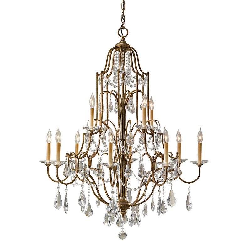 Люстра многоярусная с 12-ю лампами и стеклянными подвесками в классическом стиле Feiss Бронза Прозрачное Стекло в Санкт-петербурге | Loft Concept 