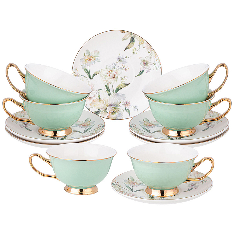 Чайный набор из фарфора на 6 персон Tea Porcelain Set Белый Золотой Зеленый в Санкт-петербурге | Loft Concept 