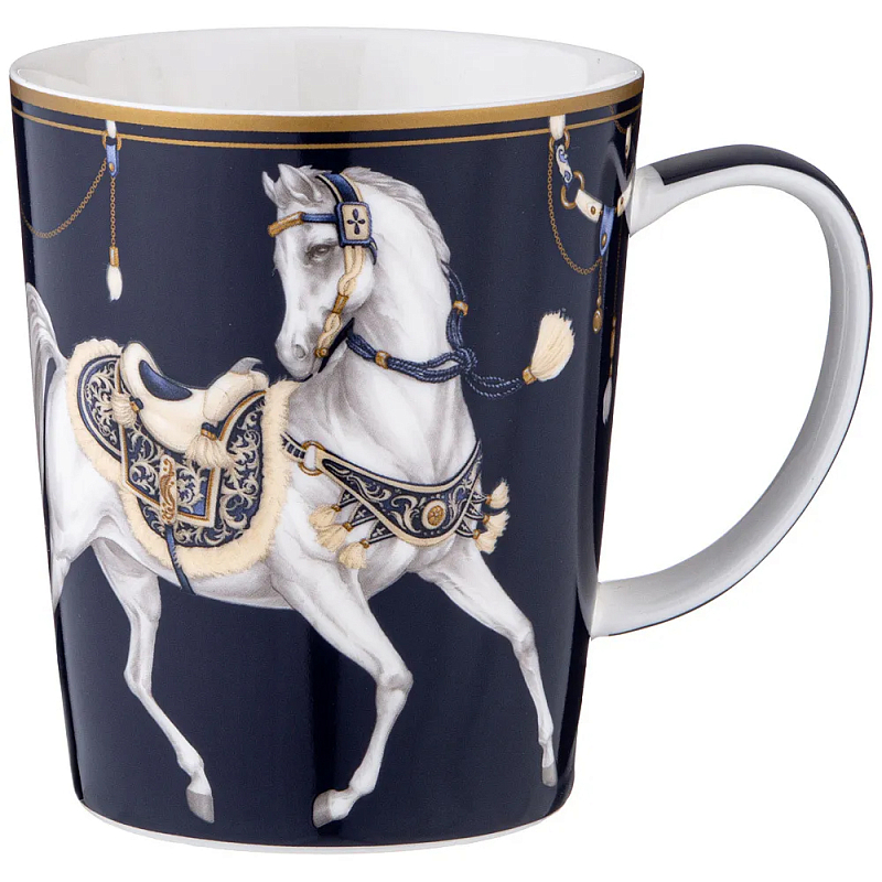 Кружка из фарфора синяя с изображением лошади 400 мл Porcelain Horse Set Белый Синий Золотой в Санкт-петербурге | Loft Concept 