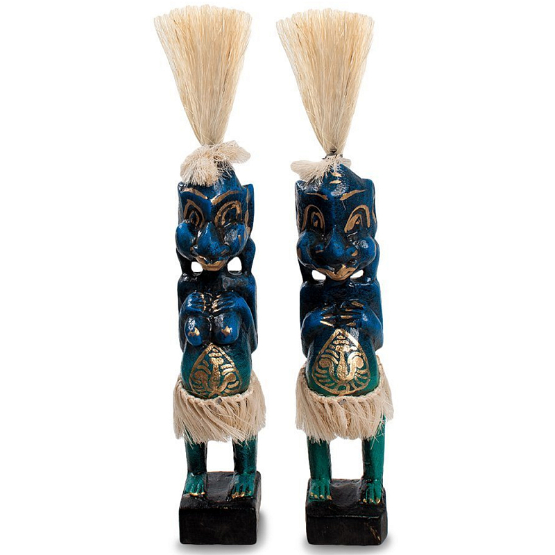 Комплект из 2-х деревянных статуэток Asmat Straw Headdress Statuettes Blue Tattoo Синий Бирюзовый Бежевый Золотой Мульти в Санкт-петербурге | Loft Concept 