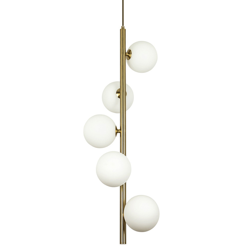 Подвесной светильник с 5-ю сферическими плафонами из матового стекла Pearls Suspension Brass Tube Hanging Lamp Латунь Белое матовое стекло в Санкт-петербурге | Loft Concept 