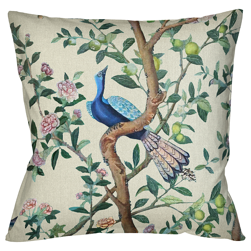 Подушка декоративная с изображением птицы в саду Beige Chinoiserie Blue Bird in the Garden Cushion Мульти Бежевый в Санкт-петербурге | Loft Concept 