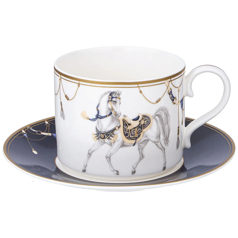 Чайная пара из фарфора с изображением лошади 300 мл Porcelain Horse Set 2 Белый Синий Золотой в Санкт-петербурге | Loft Concept 