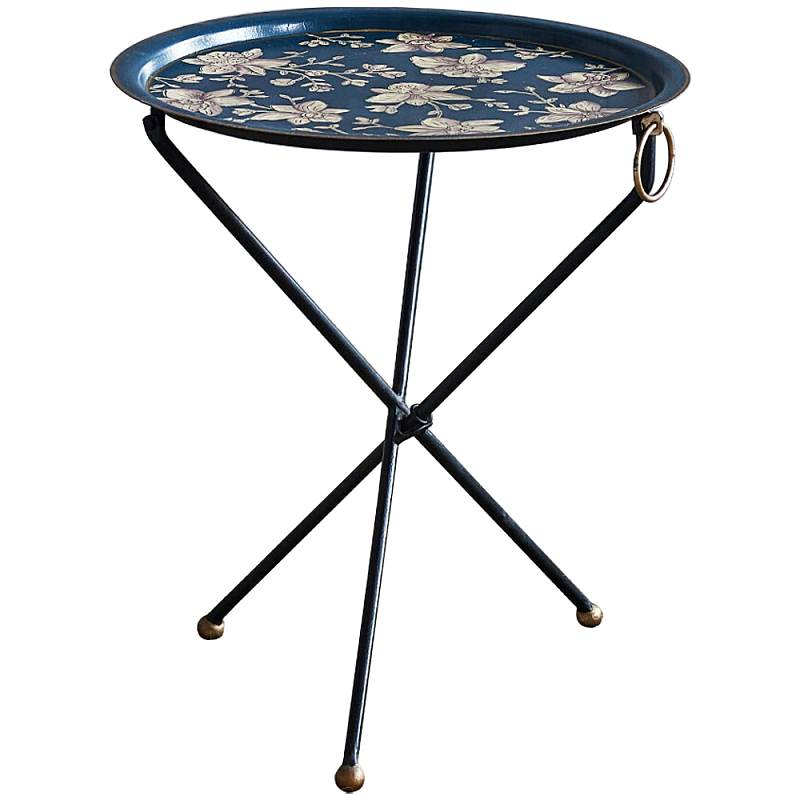 Круглый приставной столик складной Chinoiserie Flowers Side Table Синий Бежевый Латунь в Санкт-петербурге | Loft Concept 