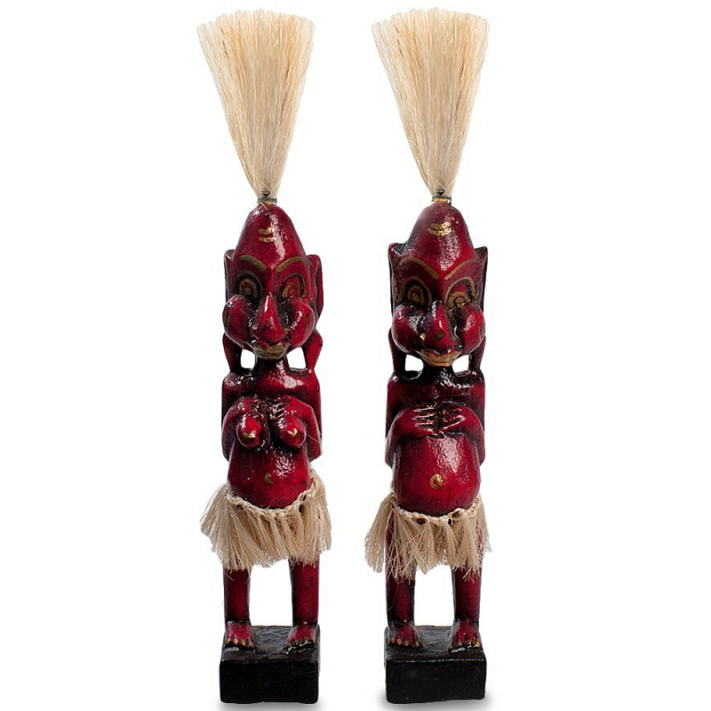 Комплект из 2-х деревянных статуэток Asmat Straw Headdress Statuettes Red Красный Черный Бежевый в Санкт-петербурге | Loft Concept 