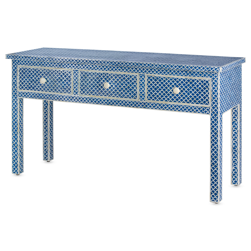 Консоль голубая отделка кость Bone Inlay Blue Fish Scale Console 3 DRAWER ivory ( слоновая кость ) Голубой в Санкт-петербурге | Loft Concept 