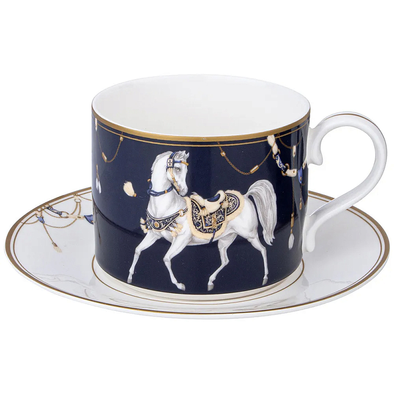 Чайная пара из фарфора с изображением лошади 300 мл Porcelain Horse Set  Белый Синий Золотой в Санкт-петербурге | Loft Concept 