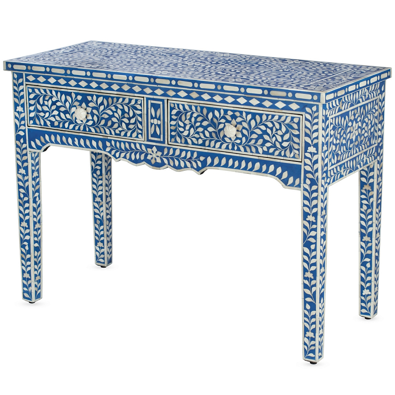 Стол рабочий синий орнамент кость BONE INLAY CONSOL TABLE 2 DRAWER Синий ivory ( слоновая кость ) в Санкт-петербурге | Loft Concept 