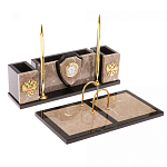 Настольный письменный набор из бежевого мрамора с часами и гербом Marble Accessory варинант исполнения - 2 | Loft Concept в Санкт-петербурге