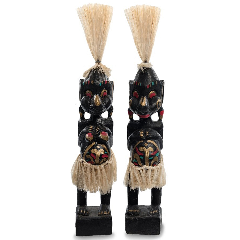 Комплект из 2-х деревянных статуэток Asmat Straw Headdress Statuettes Multicolor Мульти Черный Синий Красный в Санкт-петербурге | Loft Concept 