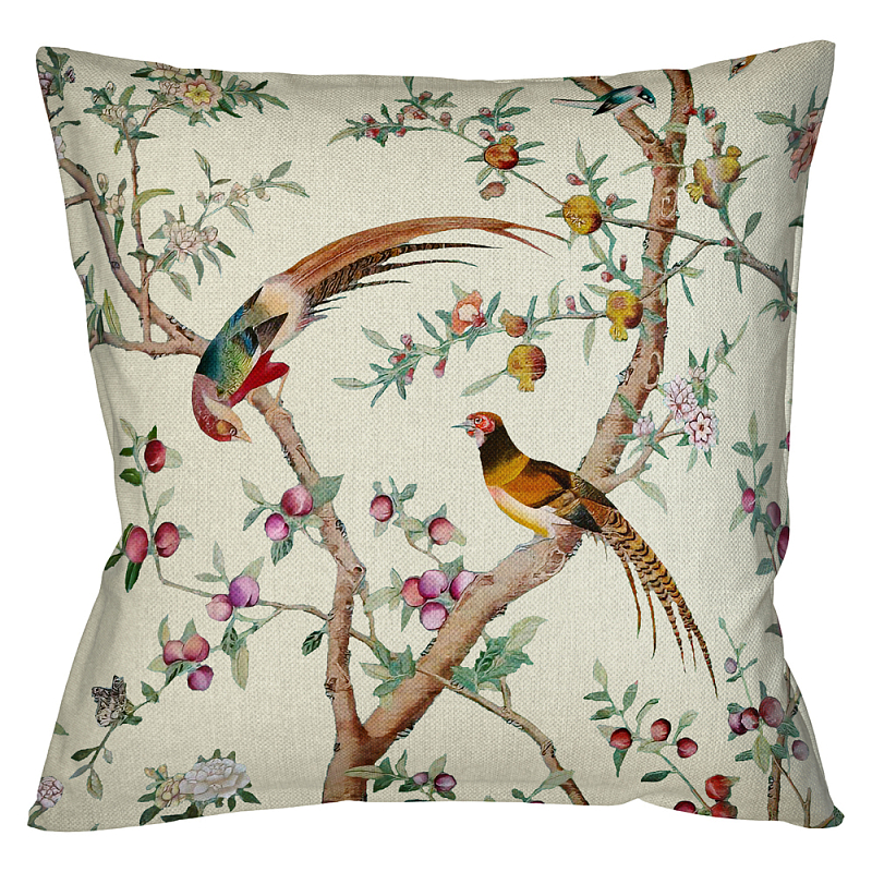 Подушка декоративная с изображением птиц в саду Beige Chinoiserie Birds in the Peach Orchard Cushion Мульти Бежевый в Санкт-петербурге | Loft Concept 