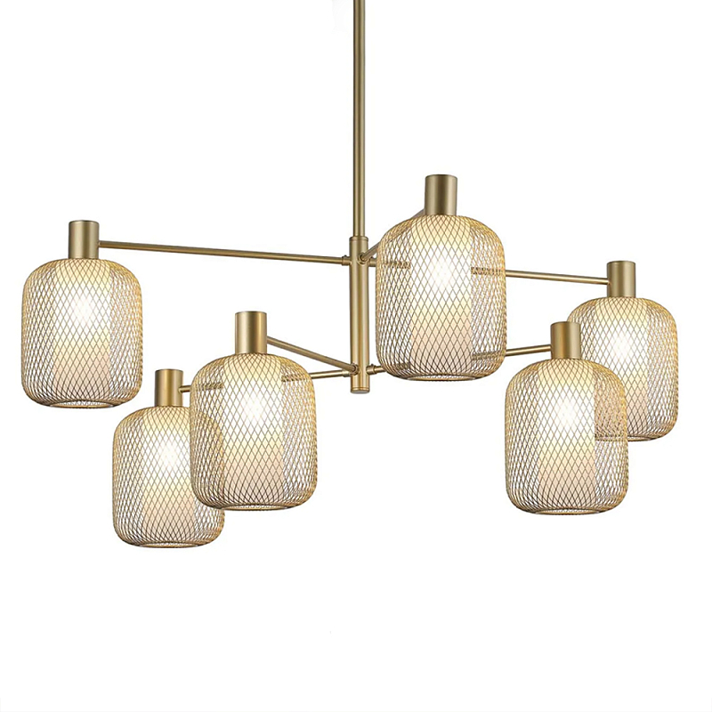 Люстра потолочная с абажурами из металлической сетки Loft Grid Pendant Gold Черный Золотой в Санкт-петербурге | Loft Concept 