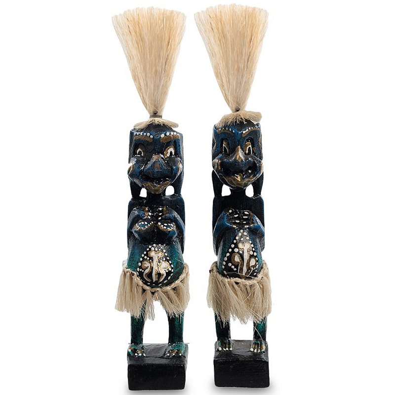 Комплект из 2-х деревянных статуэток Asmat Straw Headdress Statuettes Dark Blue Темно-синий Бирюзовый Черный Бежевый в Санкт-петербурге | Loft Concept 