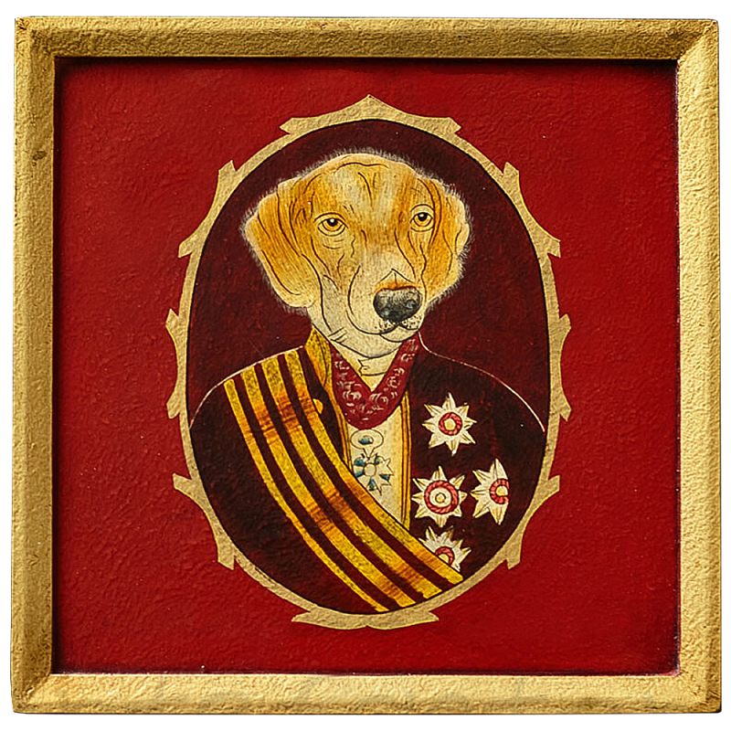 Картина в квадратной раме Chinoiserie Labrador Dog Red Portrait Красный Золотой Мульти в Санкт-петербурге | Loft Concept 