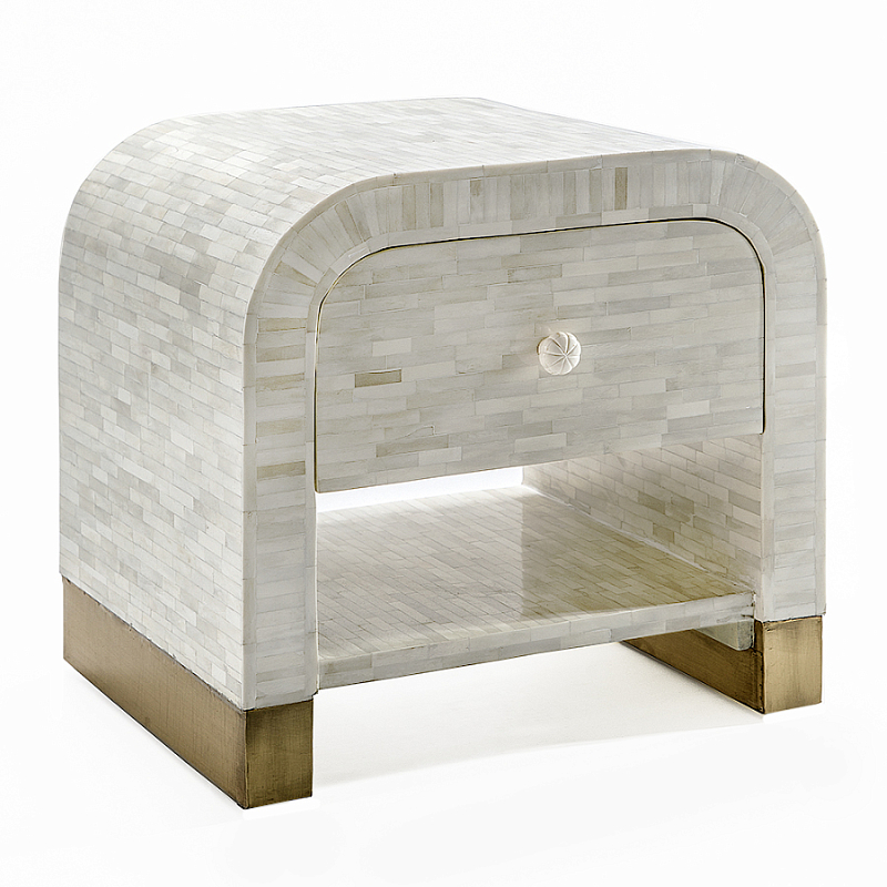 Тумбочка прикроватная с ящиком Tofino White Bone Inlay  Bedside Cabinet   ivory ( слоновая кость ) в Санкт-петербурге | Loft Concept 
