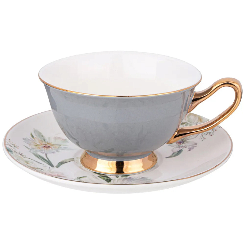 Чайная пара из фарфора 200 мл Grey Tea Porcelain Set Белый Золотой Серый в Санкт-петербурге | Loft Concept 