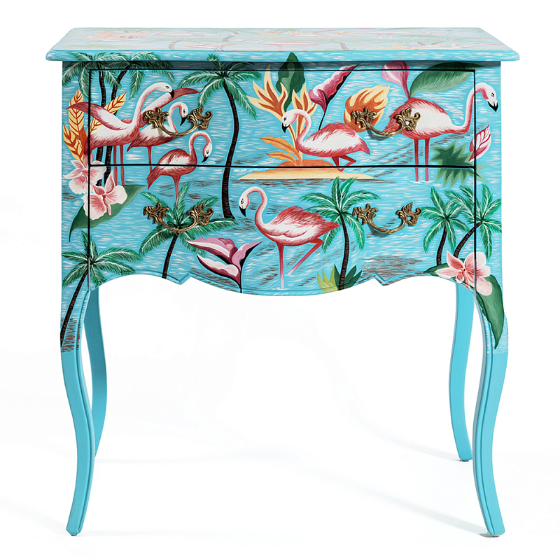 Комод с росписью Розовый фламинго L.XV CHEST OF DRAWERS Flowers with Flamingo Голубой Мульти в Санкт-петербурге | Loft Concept 