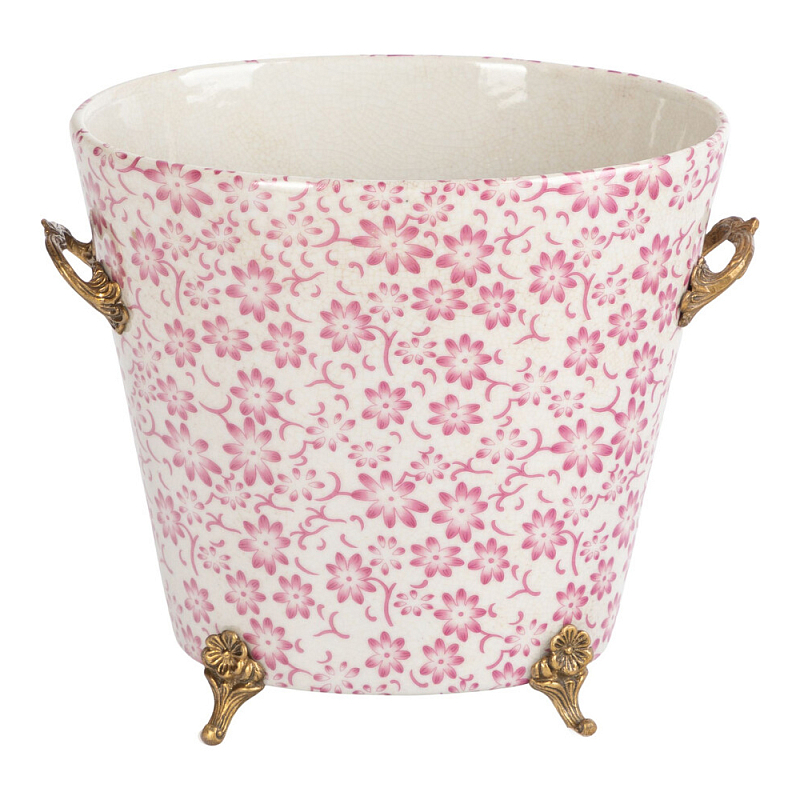 Кашпо из белого фарфора с розовым цветочным орнаментом Eden Garden Розовый Белый Бронза в Санкт-петербурге | Loft Concept 