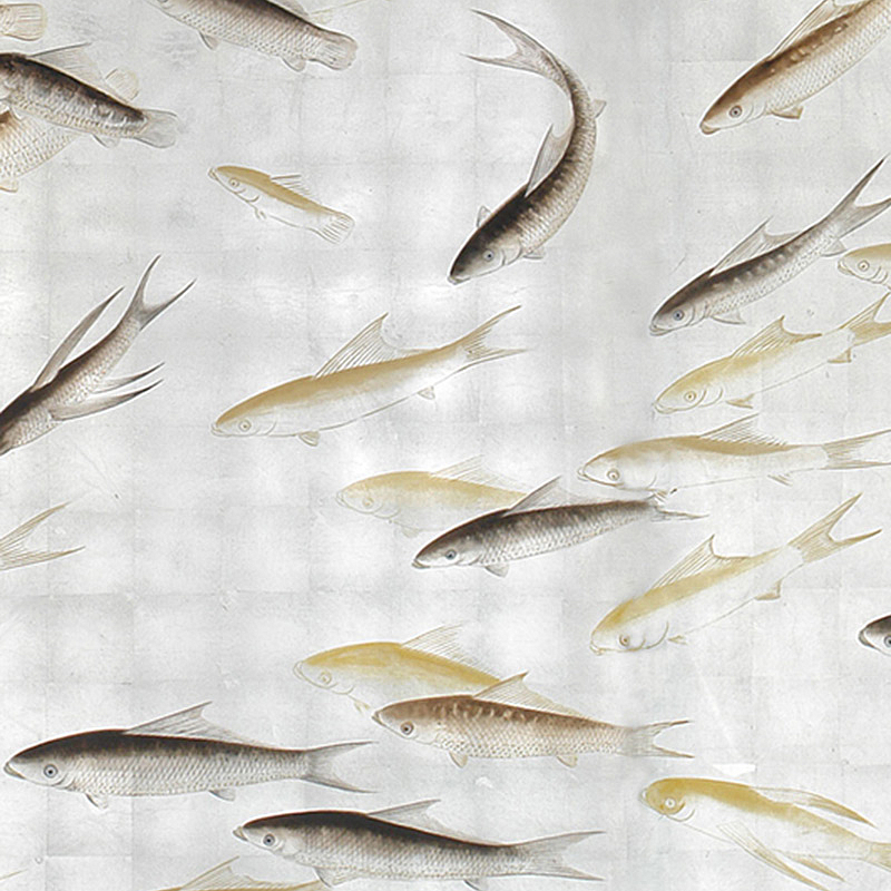 Обои ручная роспись Fishes Amber on Real Silver gilded silk  в Санкт-петербурге | Loft Concept 