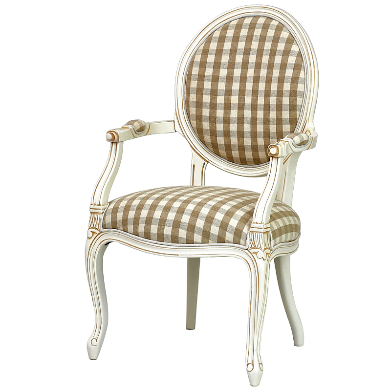 Стул с подлокотниками и круглой спинкой  Checkered Upholstery Chair обивка в клетку ivory ( слоновая кость ) Коричневый Бежевый в Санкт-петербурге | Loft Concept 