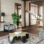 Дизайнерский журнальный стол округлой формы чёрный с золотой столешницей Fufem варинант исполнения - 3 | Loft Concept в Санкт-петербурге