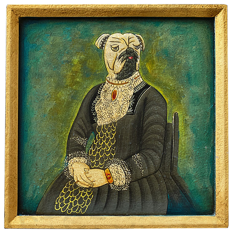 Картина в квадратной раме Chinoiserie Mops Dog Green Portrait Зеленый Бирюзовый Золотой Серый Мульти в Санкт-петербурге | Loft Concept 