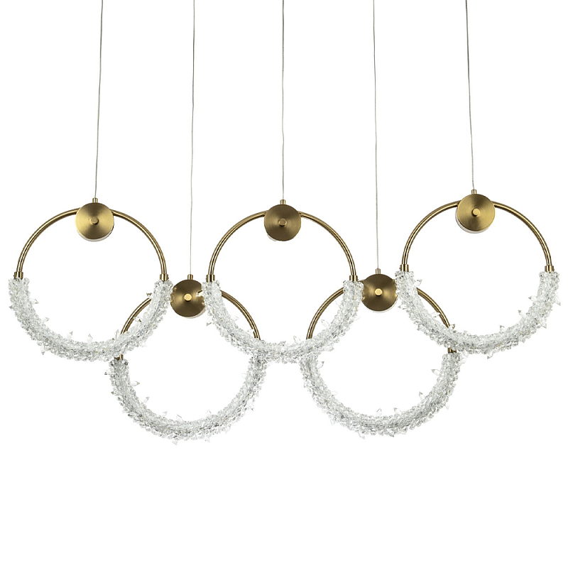 Линейная люстра с плафонами в виде пяти колец Five Rings Gilbertine Linear Chandelier Латунь Прозрачный в Санкт-петербурге | Loft Concept 