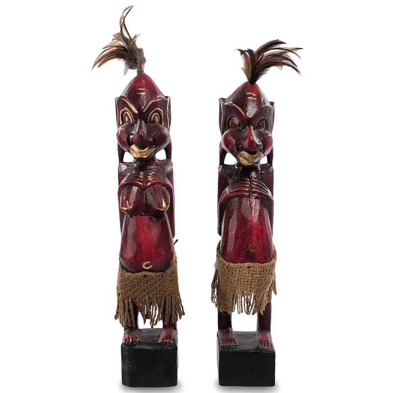 Комплект из 2-х деревянных статуэток Asmat Wooden Statuettes Dark Red Красный Черный Золотой Коричневый в Санкт-петербурге | Loft Concept 