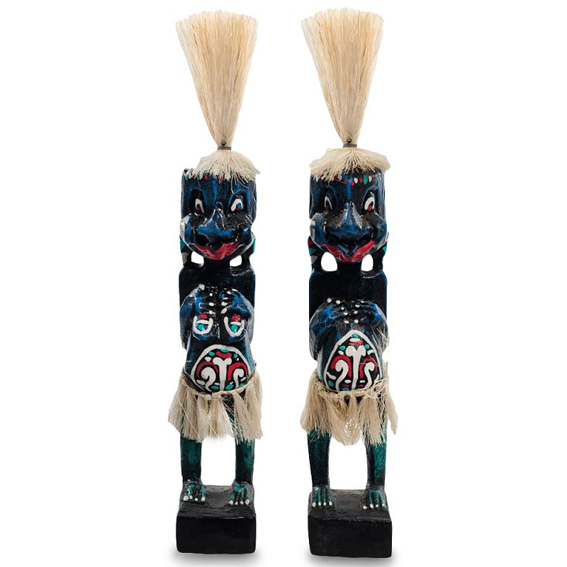 Комплект из 2-х деревянных статуэток Asmat Straw Headdress Statuettes Blue Red Черный Синий Красный Бежевый Мульти в Санкт-петербурге | Loft Concept 