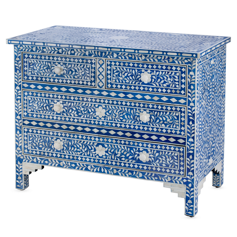 Комод Синий узор отделка кость Bone Inlay Dresser Blue Floral Design Chest of Drawers ivory ( слоновая кость ) Синий в Санкт-петербурге | Loft Concept 