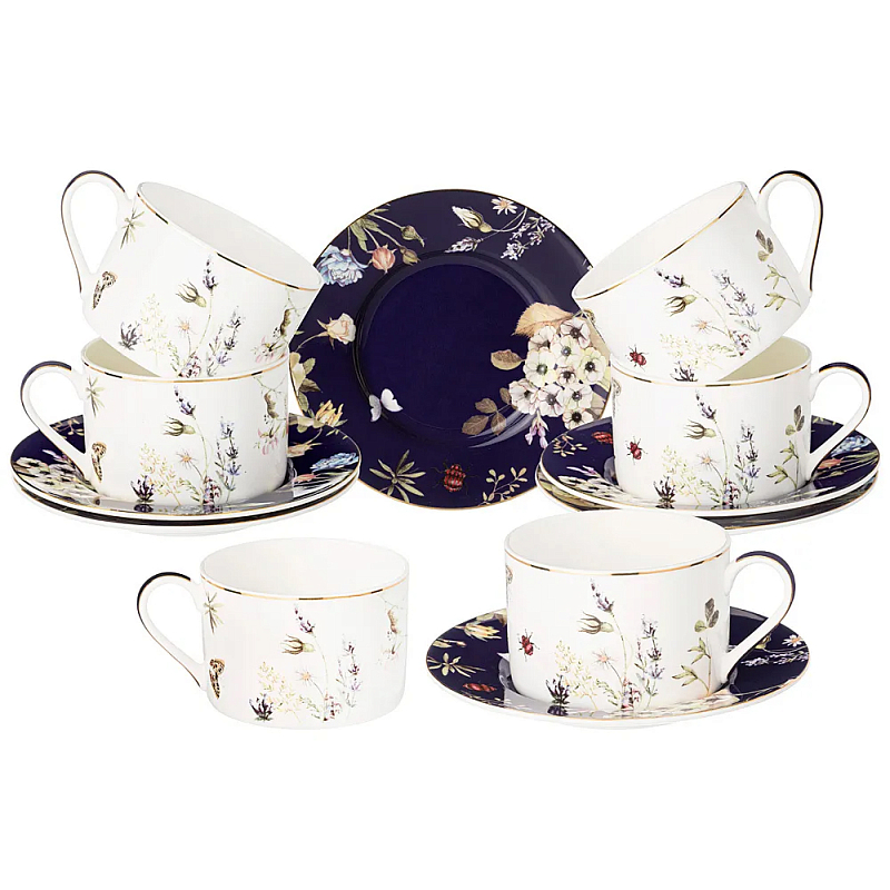 Чайный набор из фарфора с рисунком цветов 190 мл Garden Whisper Porcelain Set  Белый Темно-синий Мульти в Санкт-петербурге | Loft Concept 