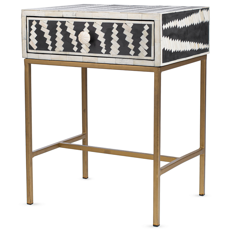 Тумба Mandika Bone Inlay Brass Leg Bedside  1 DRAWER Черный ivory ( слоновая кость ) Бронза в Санкт-петербурге | Loft Concept 