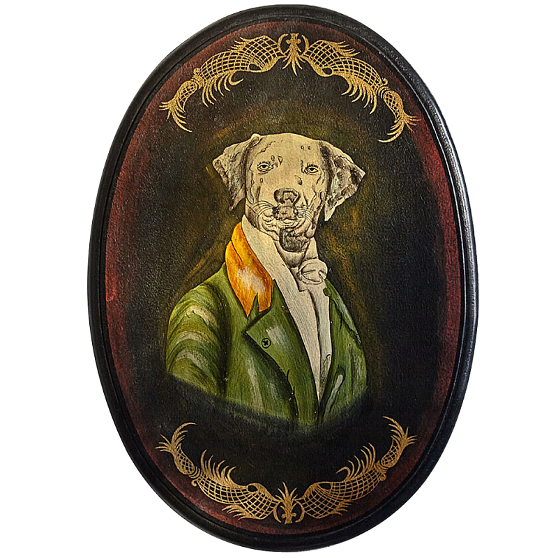 Картина в овальной раме Chinoiserie Grey Dog Portrait Мульти Черный Зеленый в Санкт-петербурге | Loft Concept 