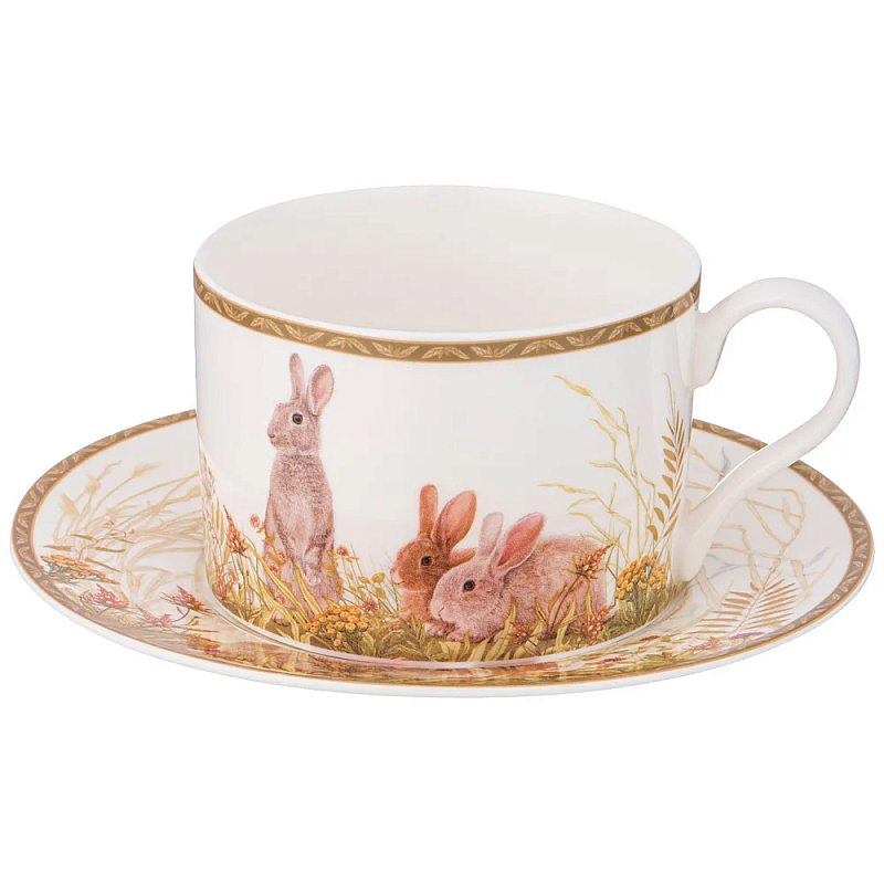 Чайная пара из фарфора с изображением собаки и зайцев 300 мл Hunting Porcelain Collection 2 Белый Коричневый Мульти в Санкт-петербурге | Loft Concept 