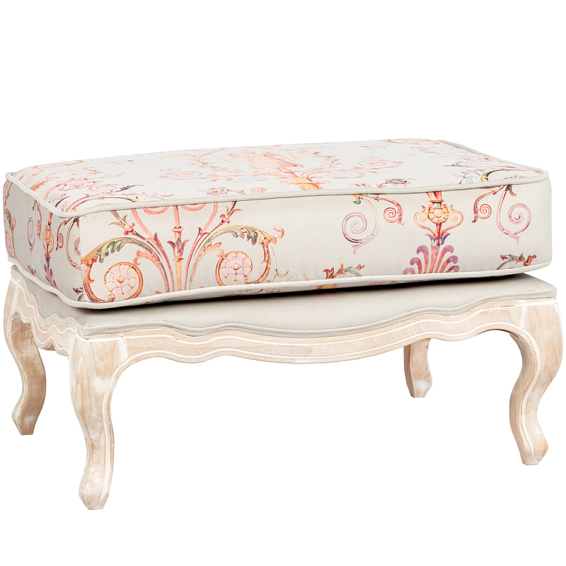 Мягкая банкетка из массива бука серая с растительным орнаментом Raffael Grey Floral Banquette Светло-серый Бежевый Мульти в Санкт-петербурге | Loft Concept 