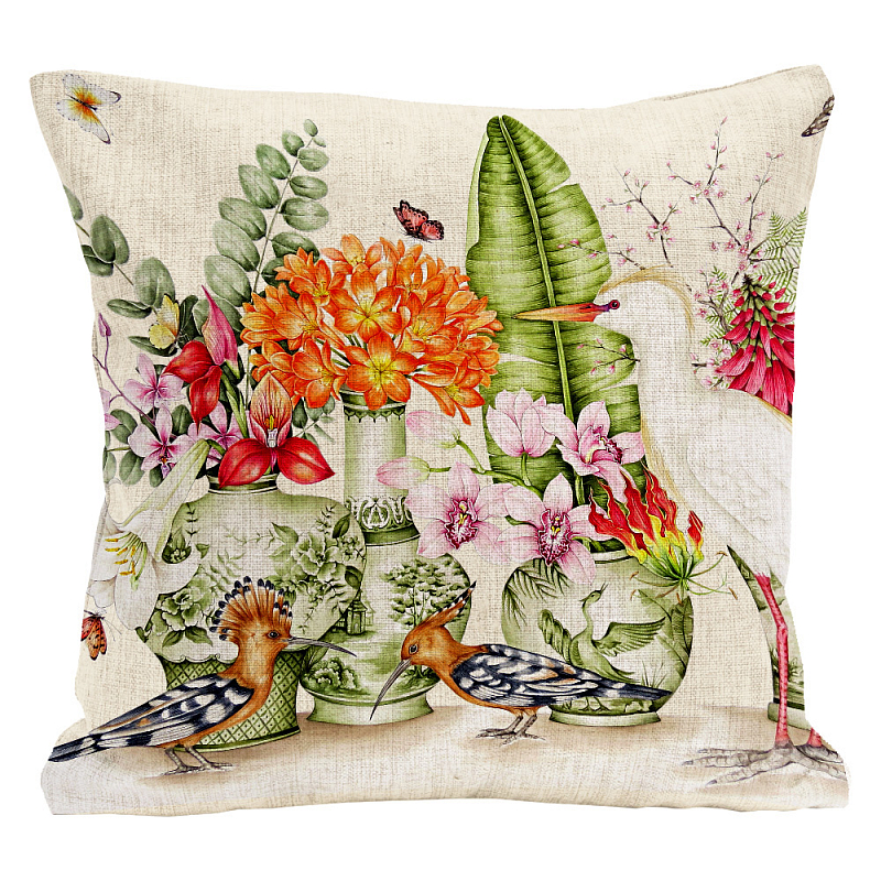 Декоративная подушка Hoopoes and Flowers Pillow Мульти Бежевый в Санкт-петербурге | Loft Concept 