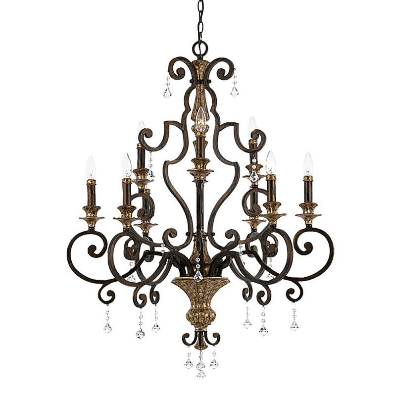 Люстра с подвесками из прозрачного стекла на кованом каркасе бронзового цвета в классическом стиле Quoizel Бронза Прозрачное Стекло Золотой в Санкт-петербурге | Loft Concept 